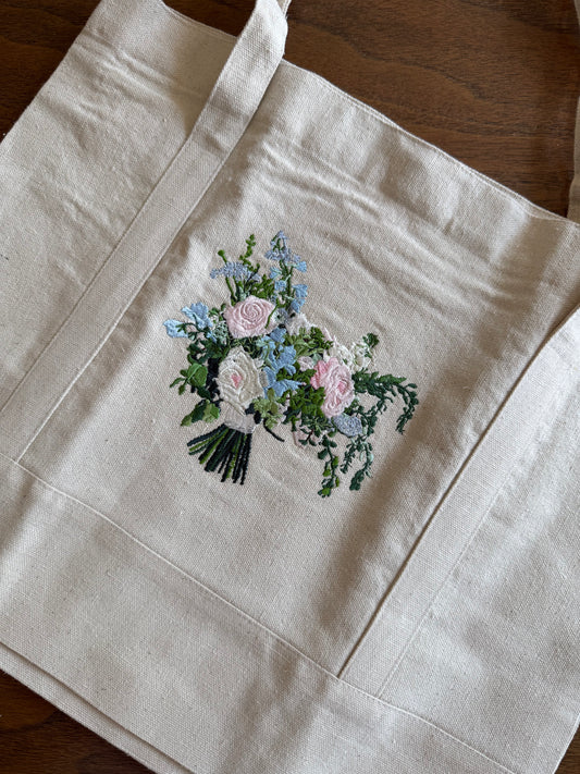 Custom Embroidered Wedding Bouquet Canvas Tote