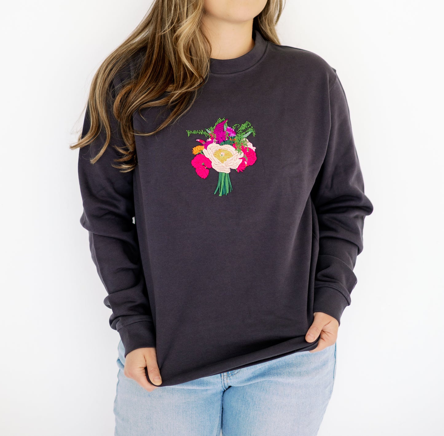 Custom embroidered wedding bouquet crewneck in charcoal color