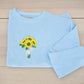 Embroidered wedding bouquet crewneck in light blue laid flat showing sunflower design