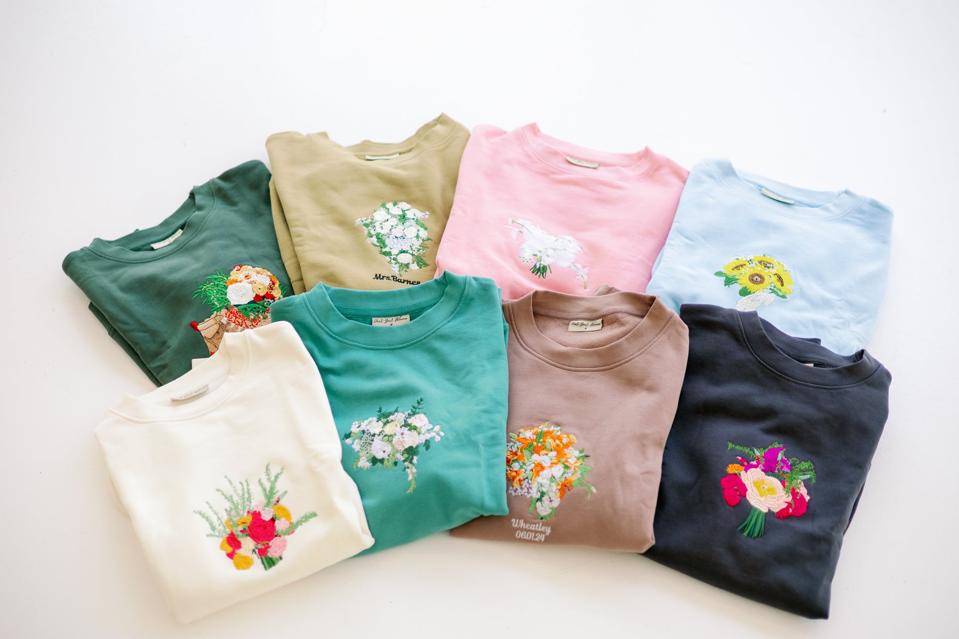 Top(Left to Right): Forrest Green, Tan, Pink, Light Blue
Bottom(Left to Right): Ivory, Mint, Clay, Charcoal 